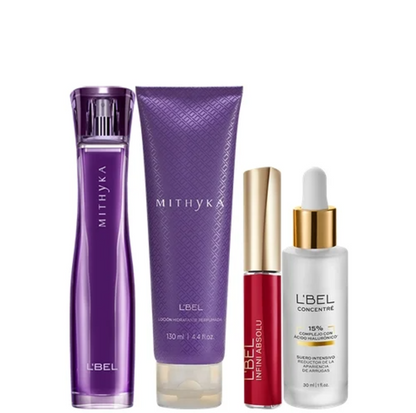 COMBO MITHYKA 4 PRODUCTOS(Perfume, crema, labial mate y sérum rejuvenecedor)